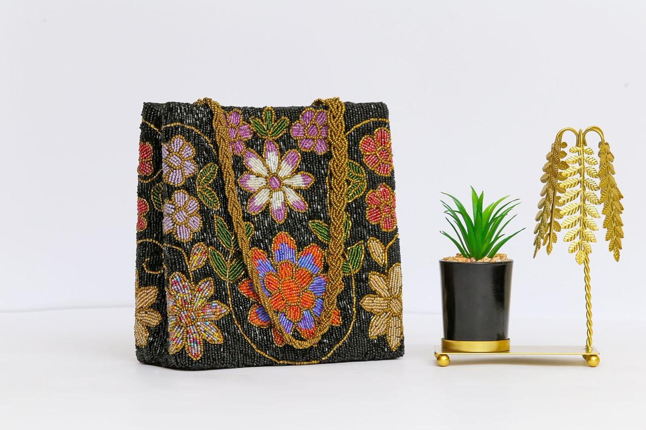 Midnight Garden Beaded Tote Bag